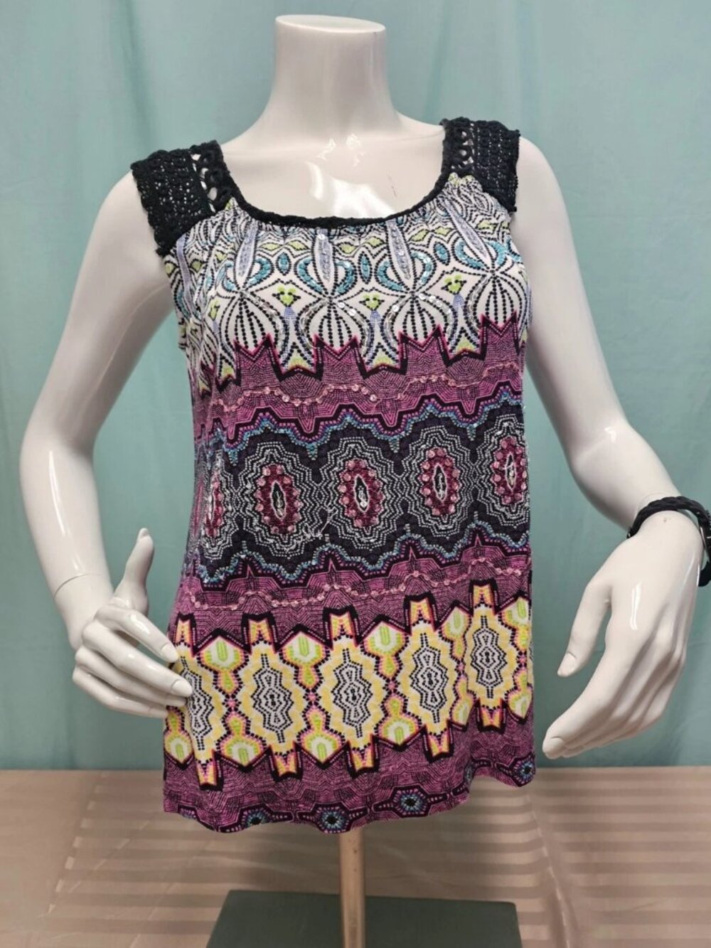BILA multi colored tank top with crochet shoulder straps in size small